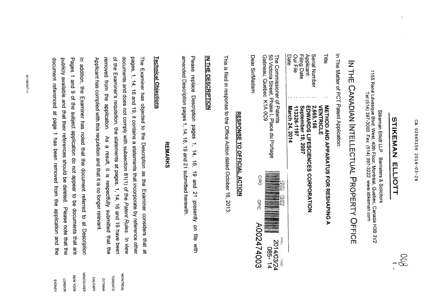 Canadian Patent Document 2665156. Prosecution-Amendment 20140324. Image 1 of 7
