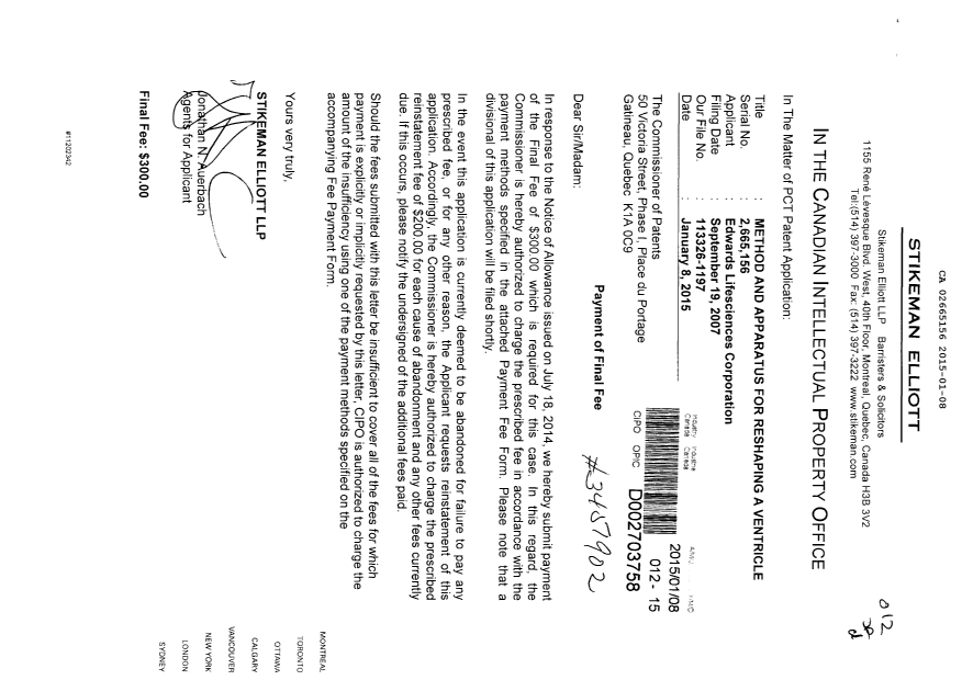 Document de brevet canadien 2665156. Correspondance 20150108. Image 1 de 1