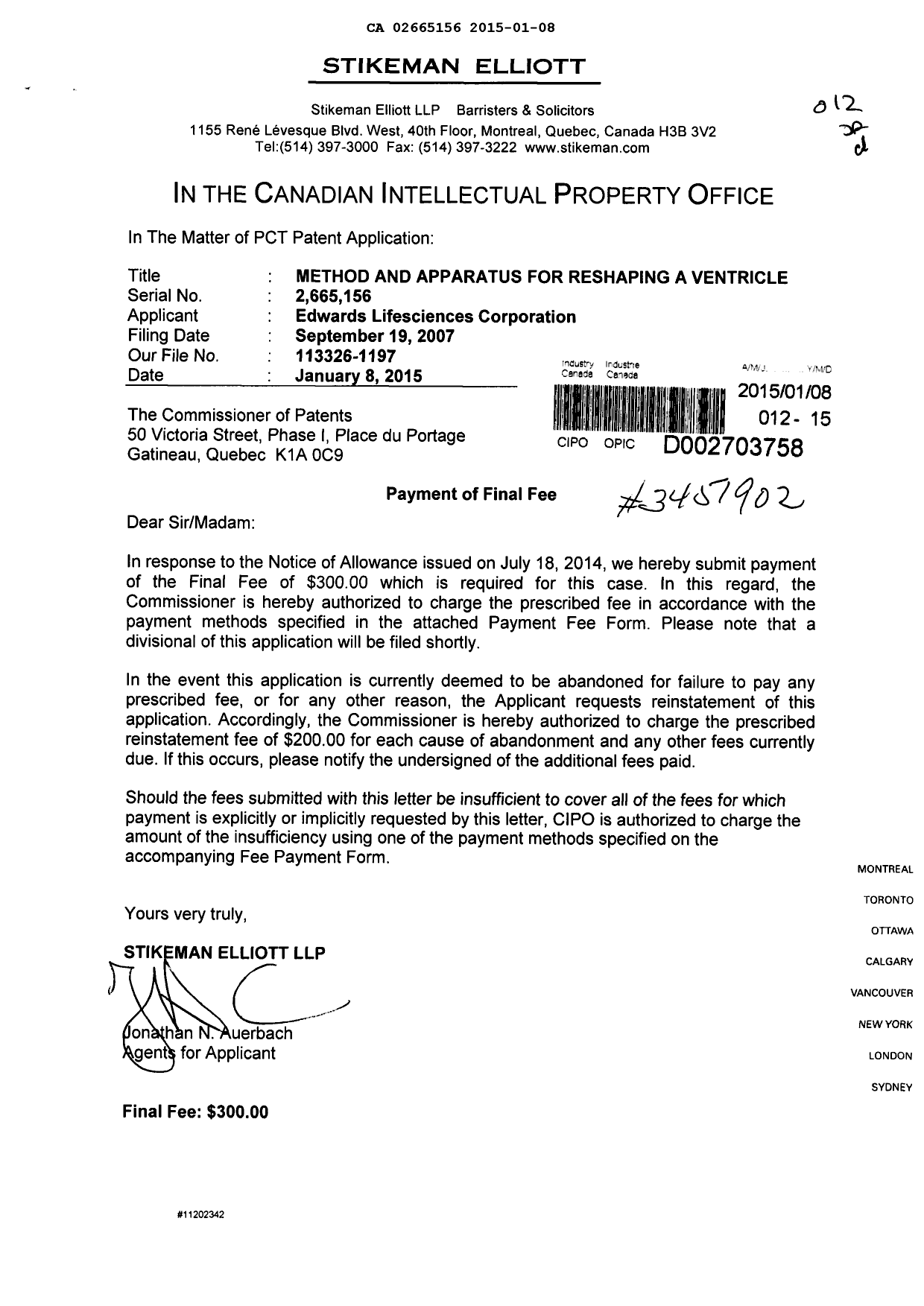 Document de brevet canadien 2665156. Correspondance 20150108. Image 1 de 1