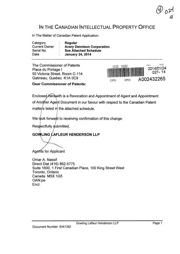 Document de brevet canadien 2665529. Correspondance 20140124. Image 1 de 6