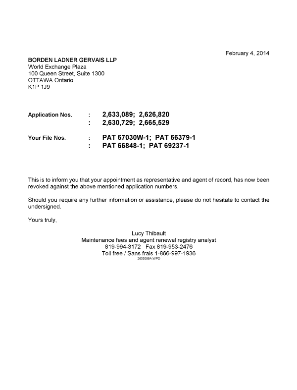 Document de brevet canadien 2665529. Correspondance 20140204. Image 1 de 1