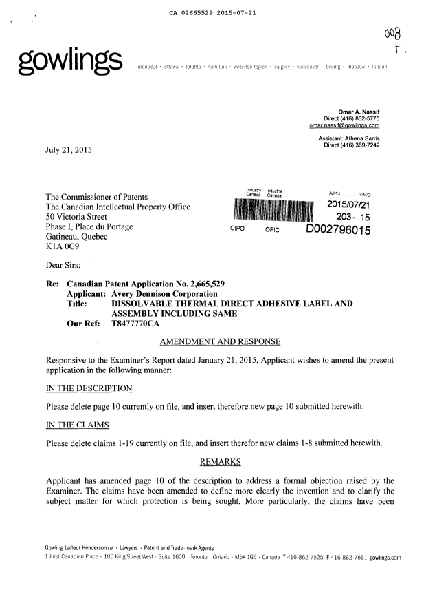 Document de brevet canadien 2665529. Modification 20150721. Image 1 de 6