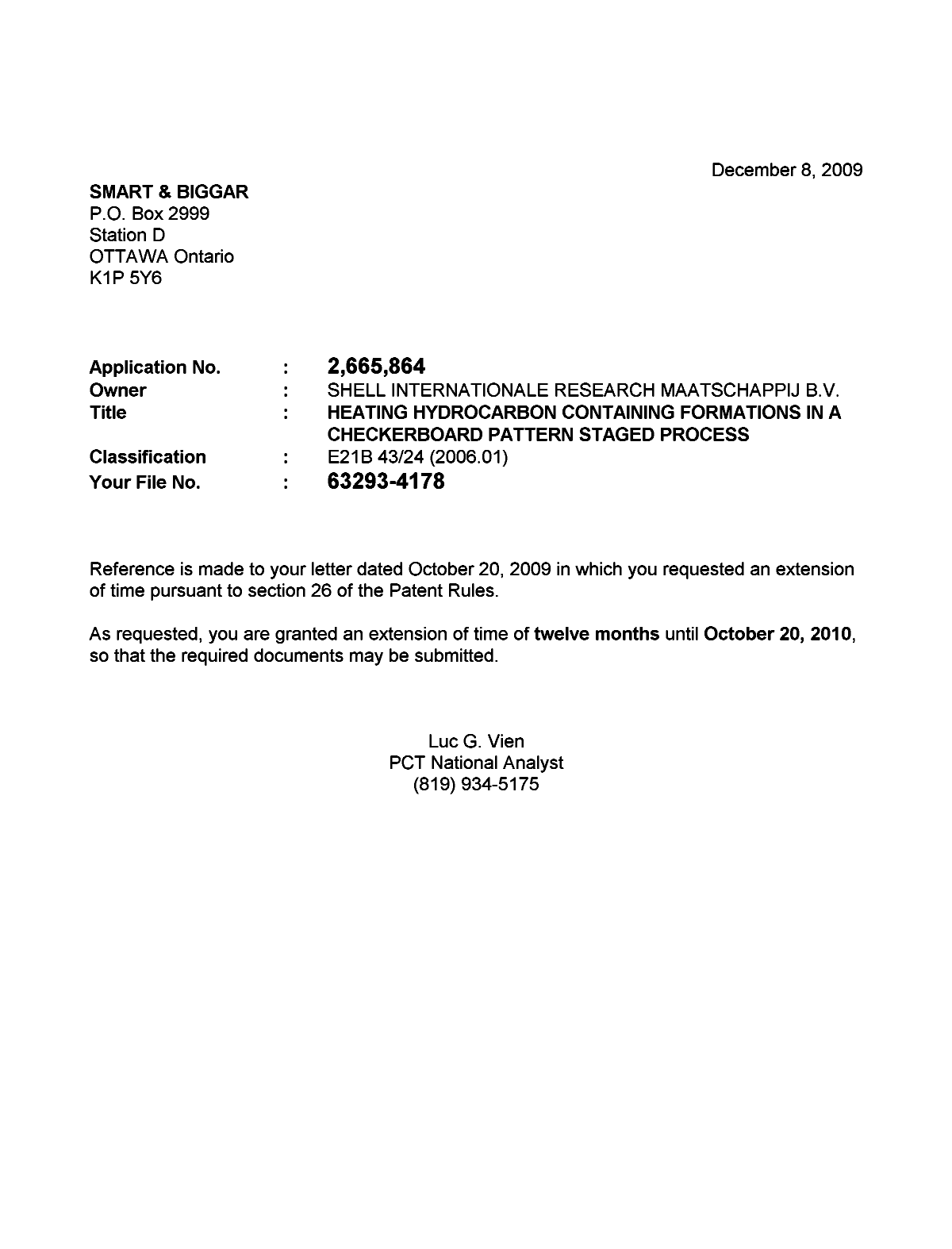 Document de brevet canadien 2665864. Correspondance 20091208. Image 1 de 1