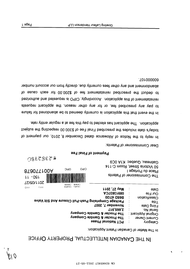Canadian Patent Document 2665917. Correspondence 20110527. Image 1 of 2