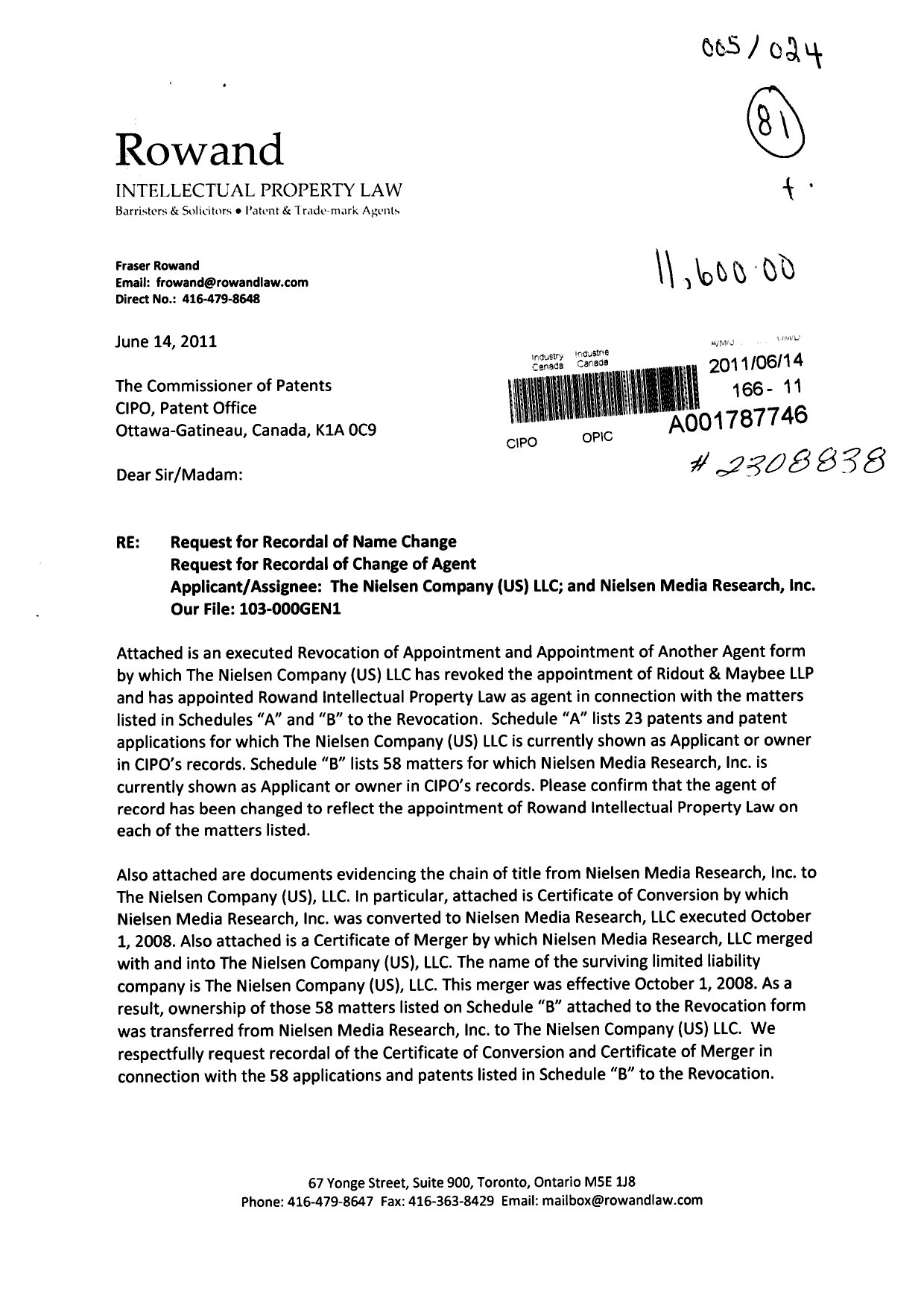 Document de brevet canadien 2666199. Correspondance 20110614. Image 1 de 12