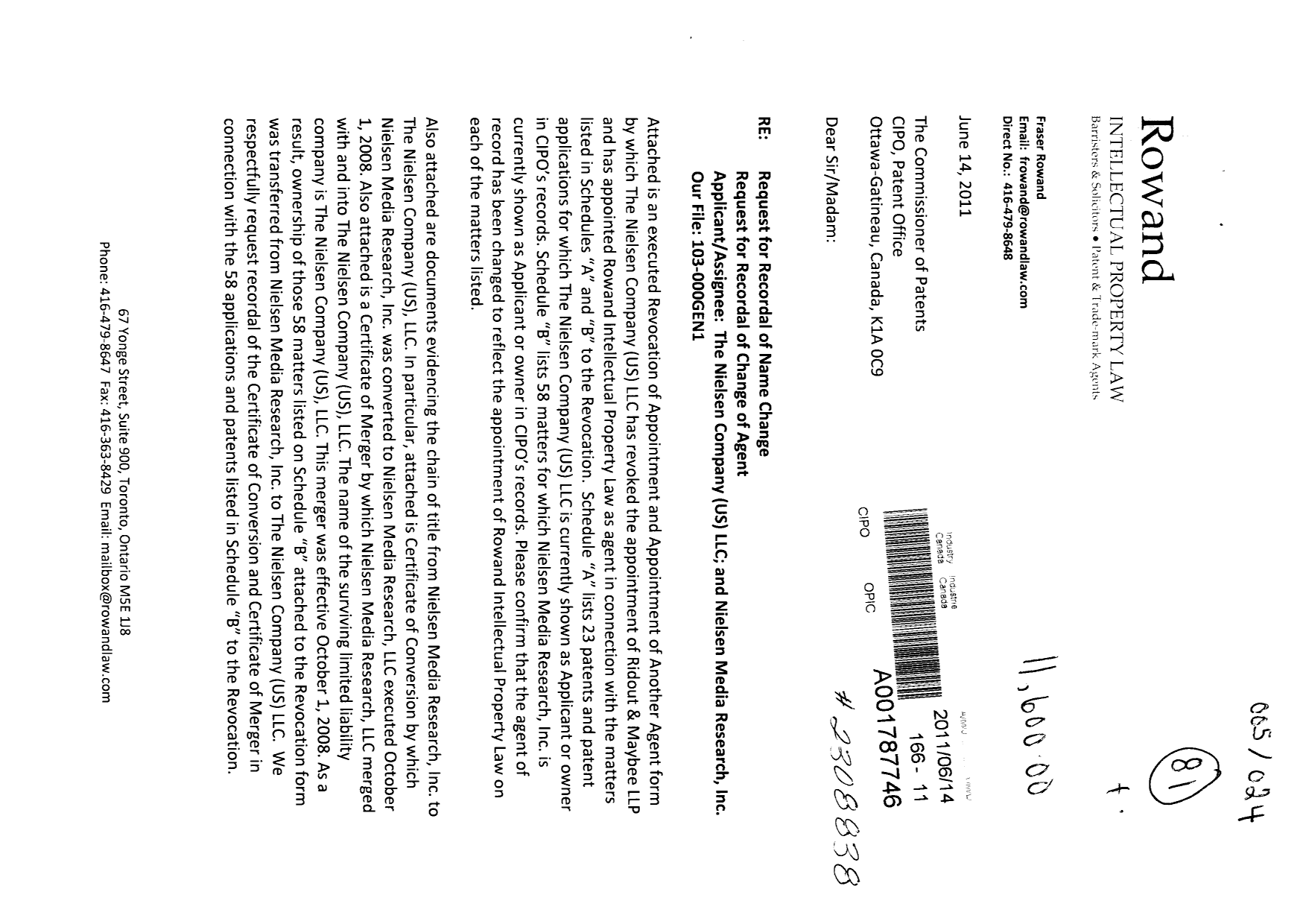Canadian Patent Document 2666199. Correspondence 20110614. Image 1 of 12