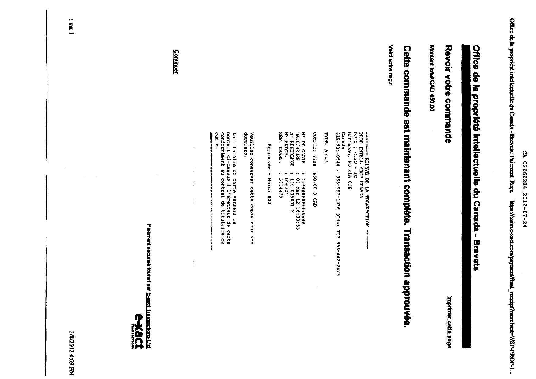 Document de brevet canadien 2666284. Correspondance 20111224. Image 2 de 5