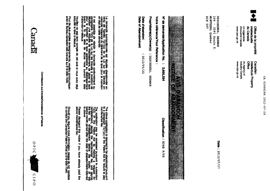 Document de brevet canadien 2666284. Correspondance 20111224. Image 5 de 5