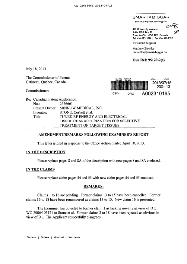 Canadian Patent Document 2666661. Prosecution-Amendment 20130718. Image 1 of 7
