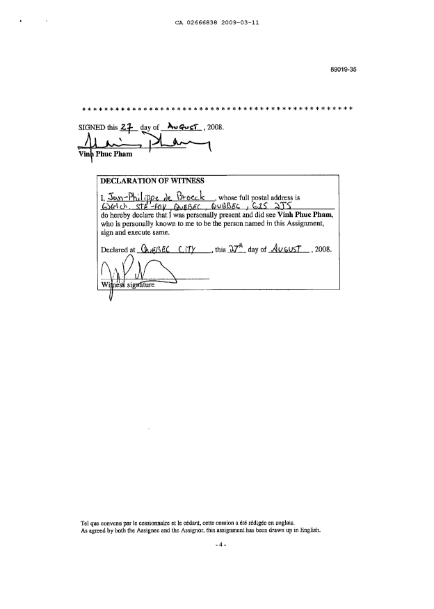 Document de brevet canadien 2666838. Cession 20090311. Image 9 de 9