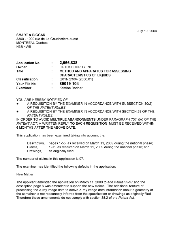 Document de brevet canadien 2666838. Poursuite-Amendment 20090710. Image 1 de 3