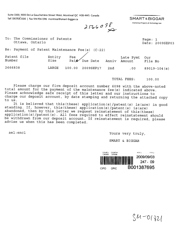 Document de brevet canadien 2666838. Taxes 20090903. Image 1 de 1