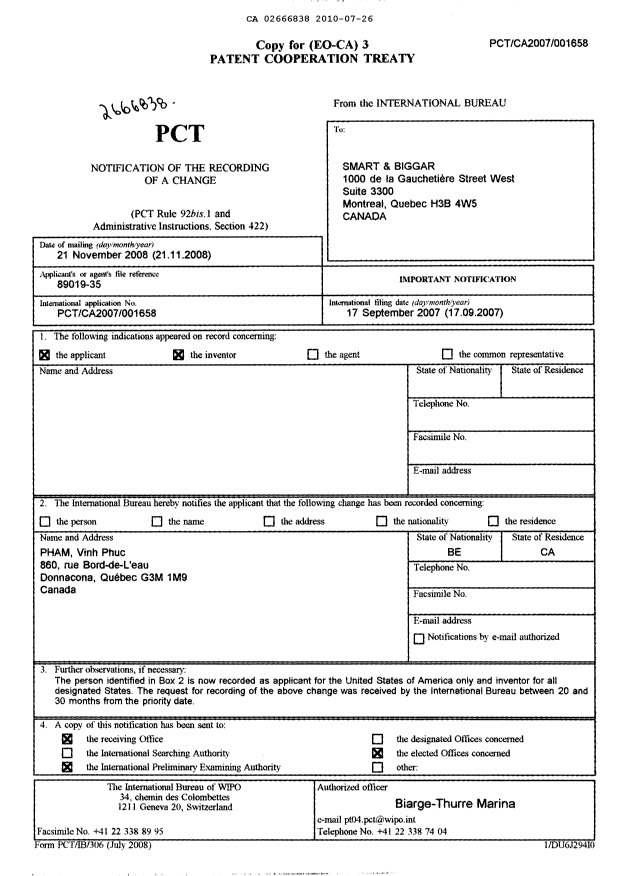 Document de brevet canadien 2666838. PCT 20100726. Image 2 de 2