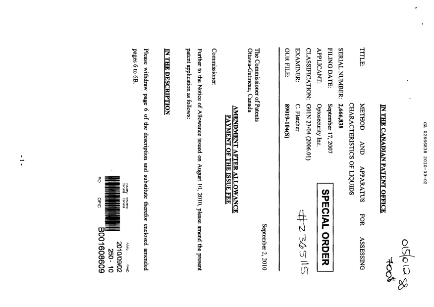 Document de brevet canadien 2666838. Correspondance 20100902. Image 1 de 3