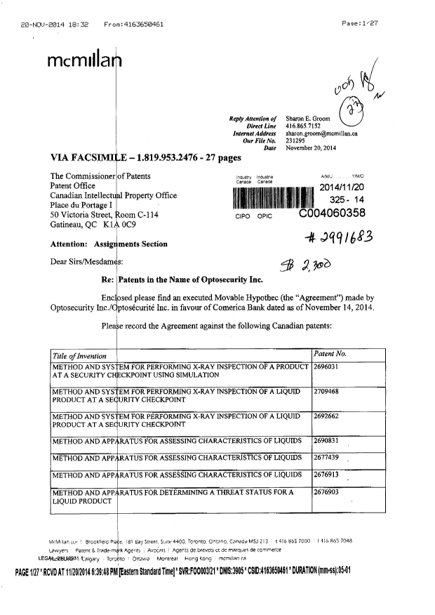 Document de brevet canadien 2666838. Cession 20141120. Image 1 de 26