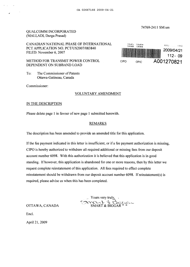 Canadian Patent Document 2667166. Prosecution-Amendment 20090421. Image 1 of 2