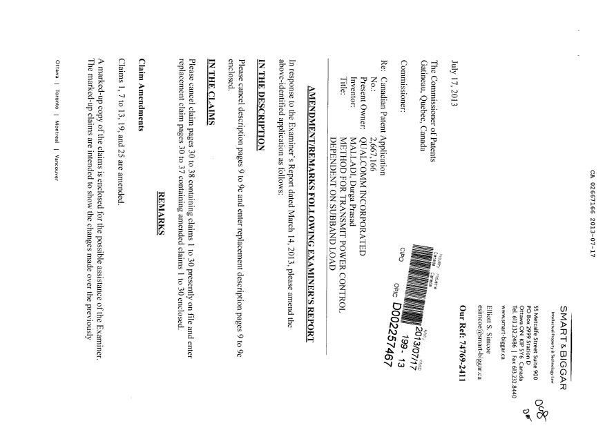 Document de brevet canadien 2667166. Poursuite-Amendment 20130717. Image 1 de 25