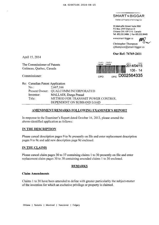 Canadian Patent Document 2667166. Prosecution-Amendment 20140415. Image 1 of 29