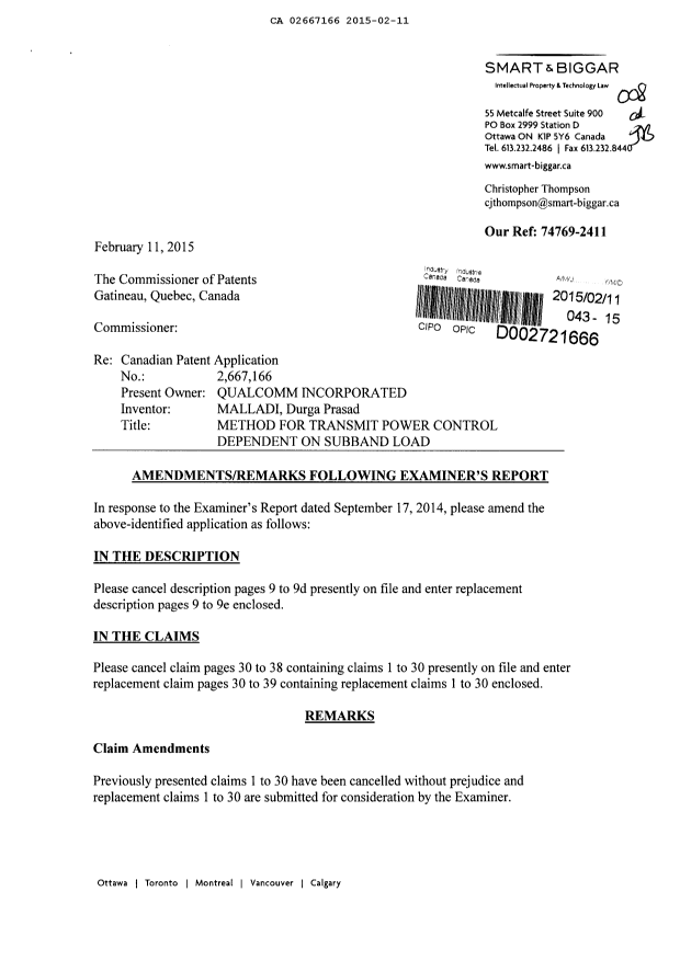 Canadian Patent Document 2667166. Prosecution-Amendment 20150211. Image 1 of 22