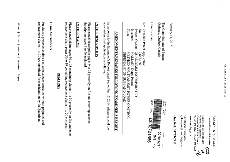 Document de brevet canadien 2667166. Poursuite-Amendment 20150211. Image 1 de 22