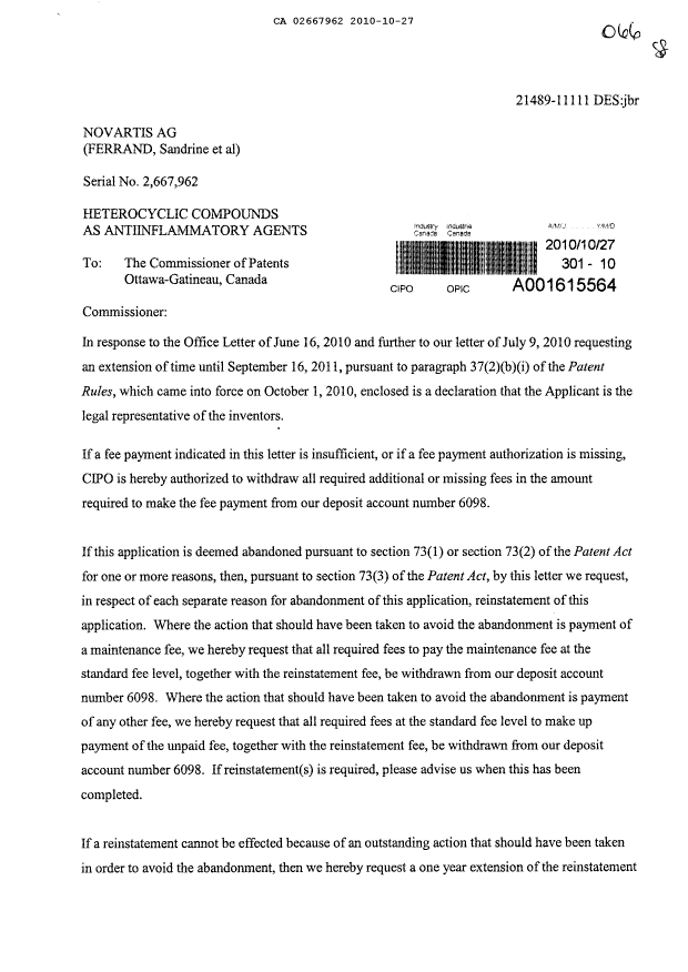 Canadian Patent Document 2667962. Correspondence 20101027. Image 1 of 3