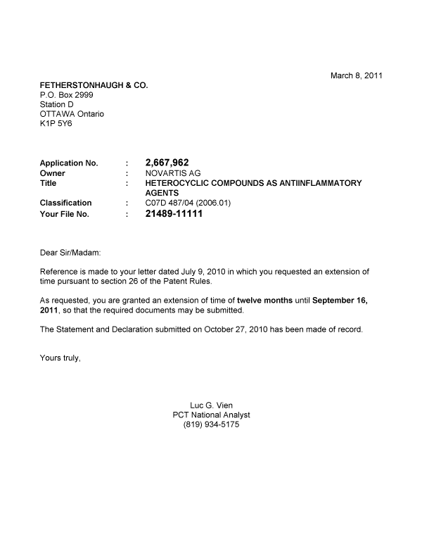 Document de brevet canadien 2667962. Correspondance 20110308. Image 1 de 1