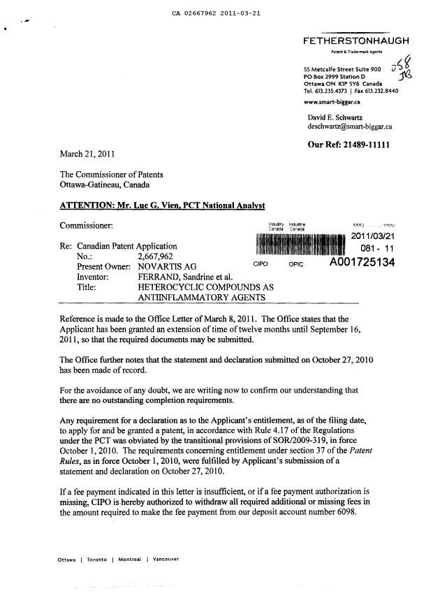 Document de brevet canadien 2667962. Correspondance 20110321. Image 1 de 2