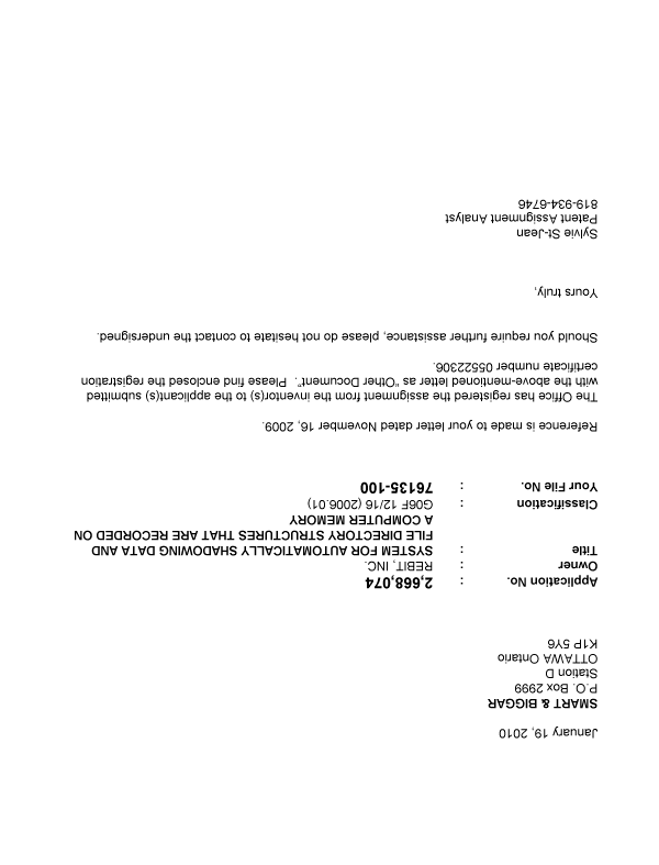 Canadian Patent Document 2668074. Correspondence 20100119. Image 1 of 1