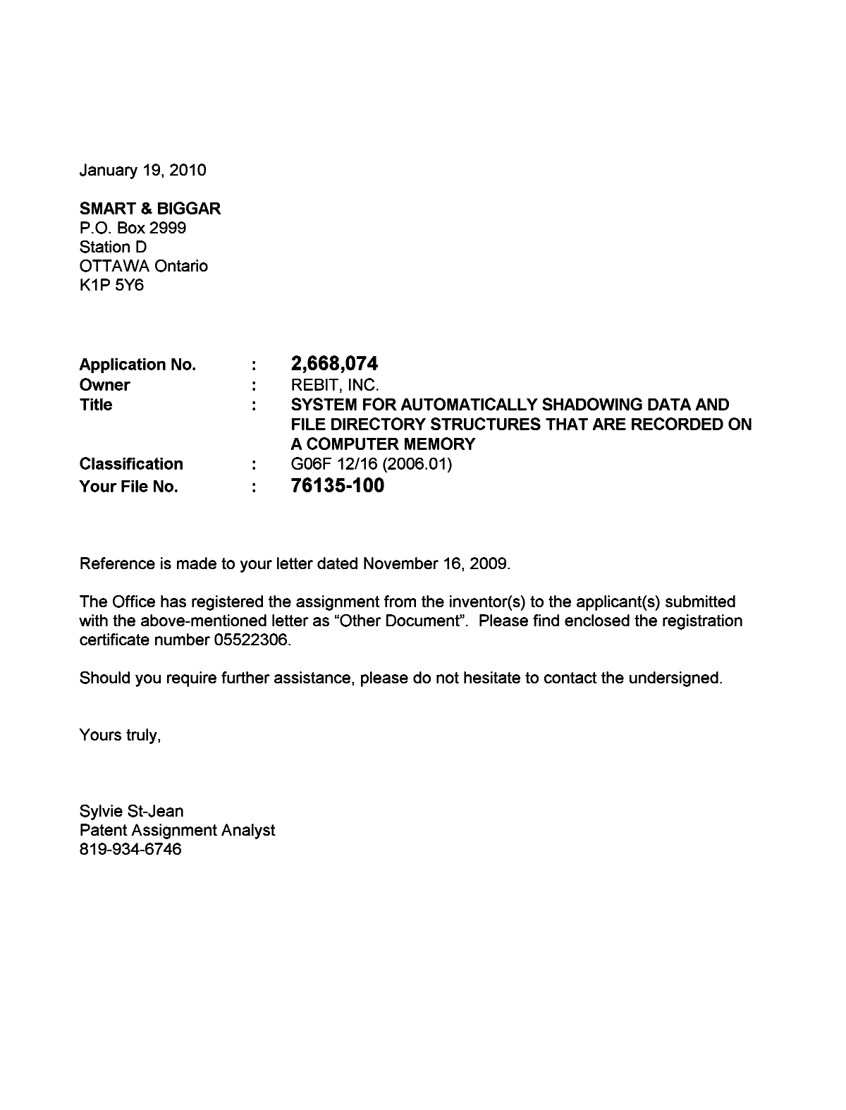 Document de brevet canadien 2668074. Correspondance 20100119. Image 1 de 1