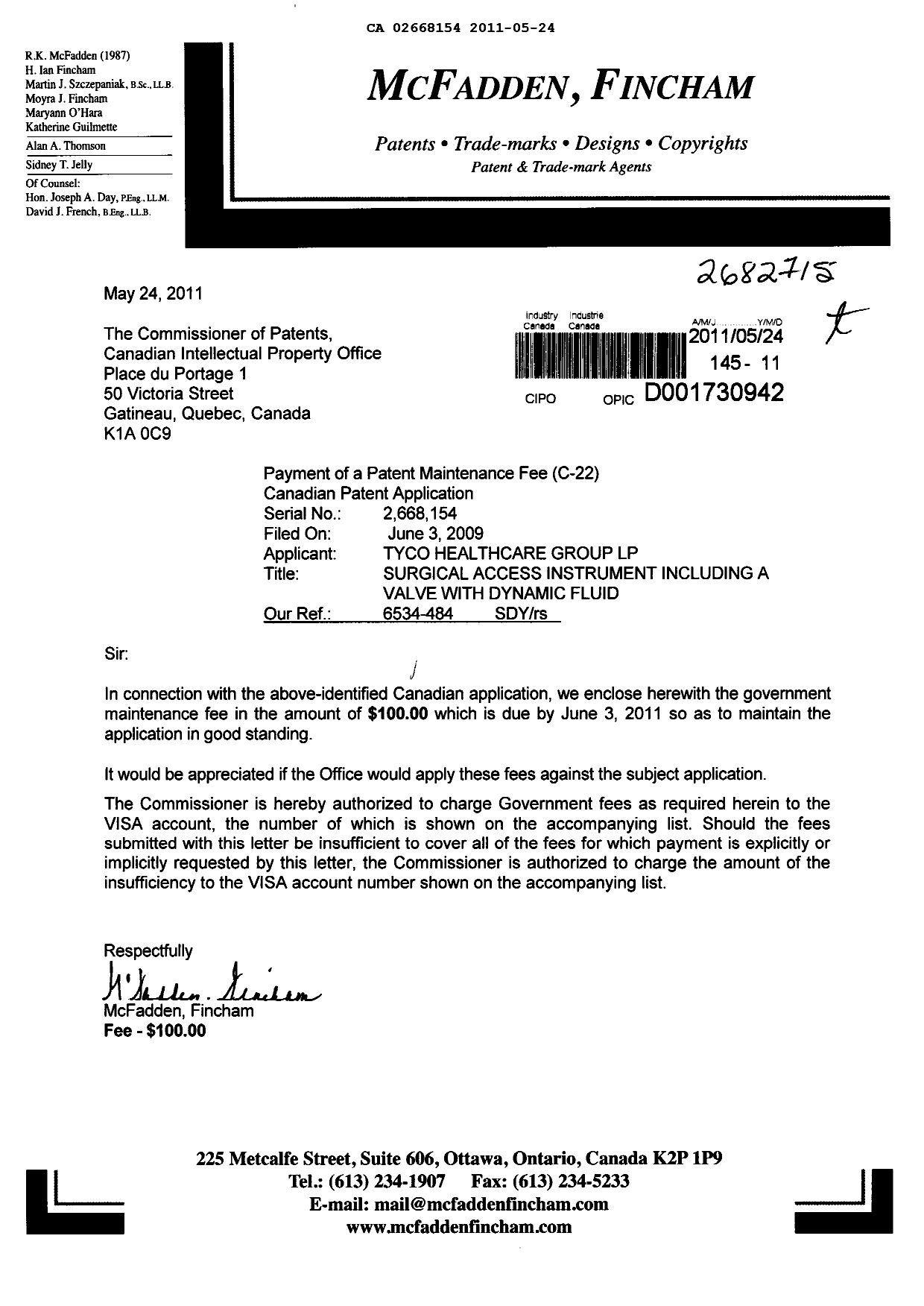 Document de brevet canadien 2668154. Taxes 20110524. Image 1 de 1