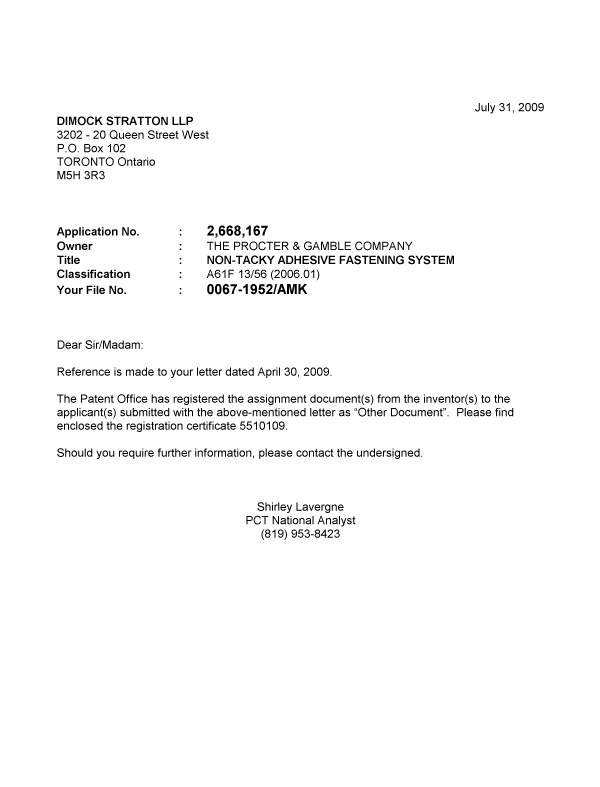 Canadian Patent Document 2668167. Correspondence 20090731. Image 1 of 1