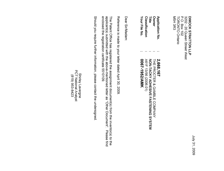 Document de brevet canadien 2668167. Correspondance 20090731. Image 1 de 1