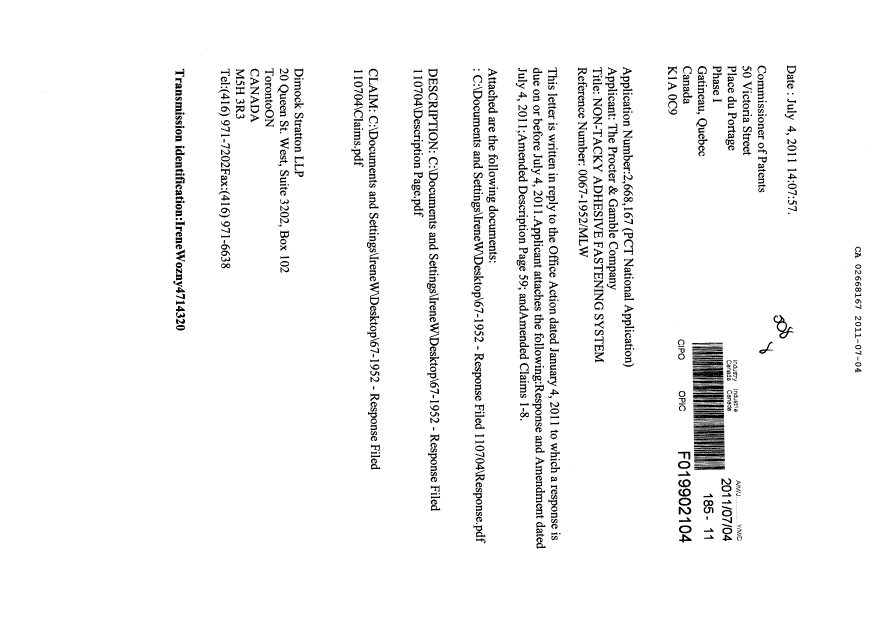 Document de brevet canadien 2668167. Poursuite-Amendment 20110704. Image 1 de 7