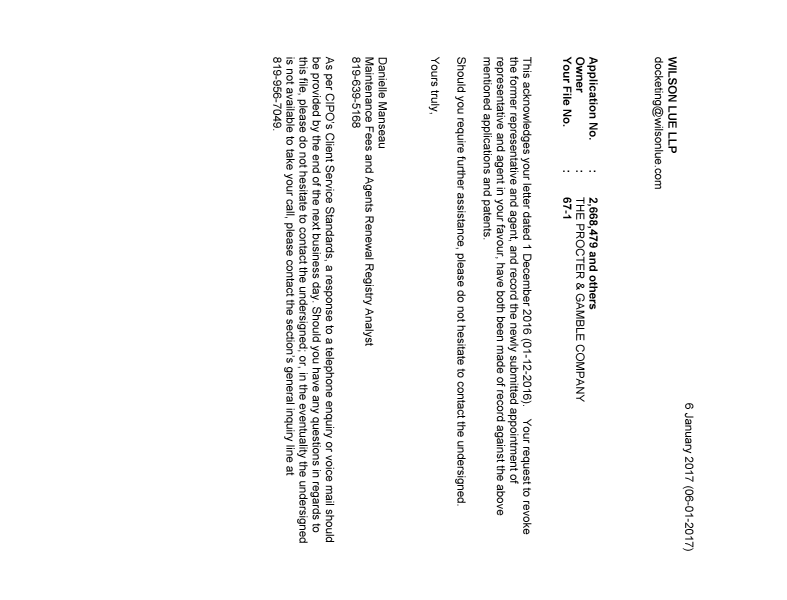 Document de brevet canadien 2668167. Lettre du bureau 20170106. Image 1 de 2