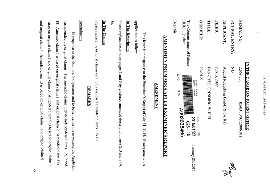 Document de brevet canadien 2668250. Poursuite-Amendment 20150123. Image 1 de 17
