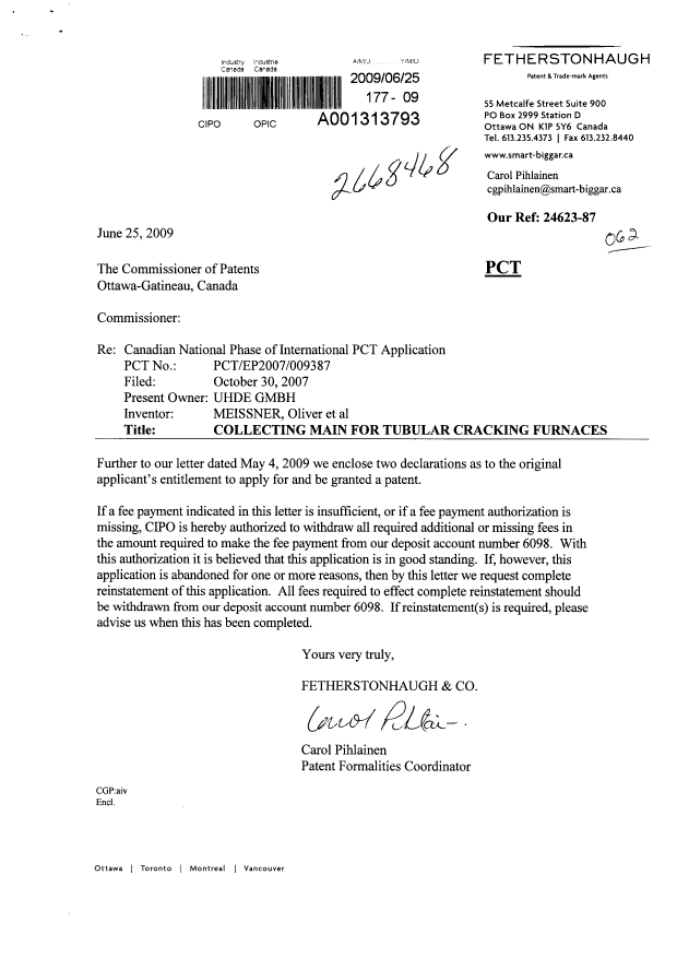 Document de brevet canadien 2668468. Correspondance 20090625. Image 1 de 3