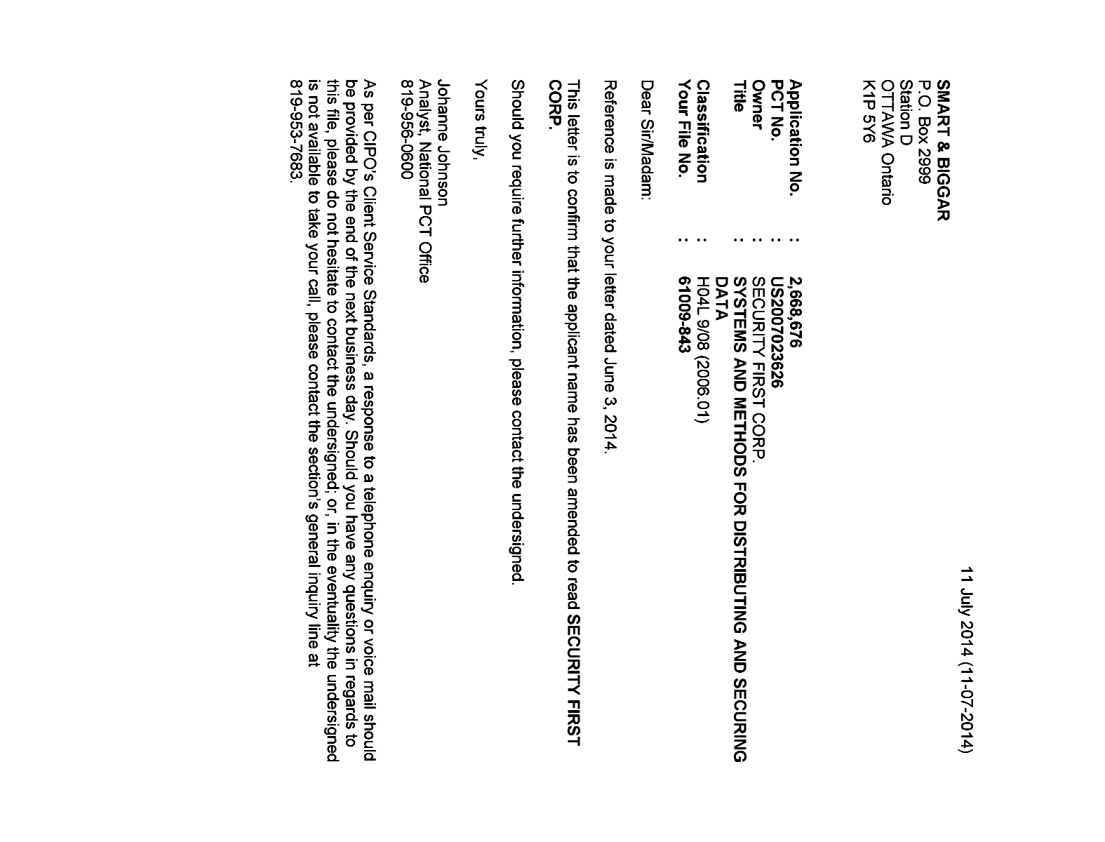 Canadian Patent Document 2668676. Correspondence 20140711. Image 1 of 1