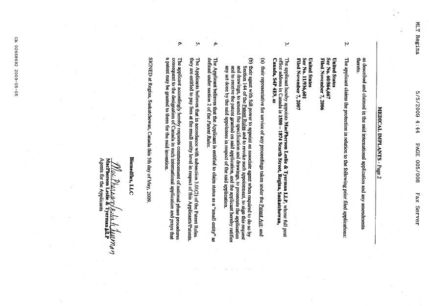 Canadian Patent Document 2668692. Assignment 20090505. Image 4 of 4
