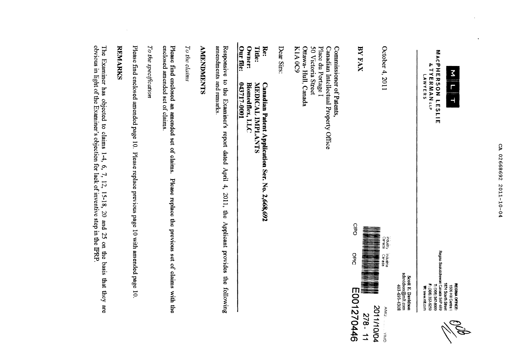 Canadian Patent Document 2668692. Prosecution-Amendment 20111004. Image 1 of 7