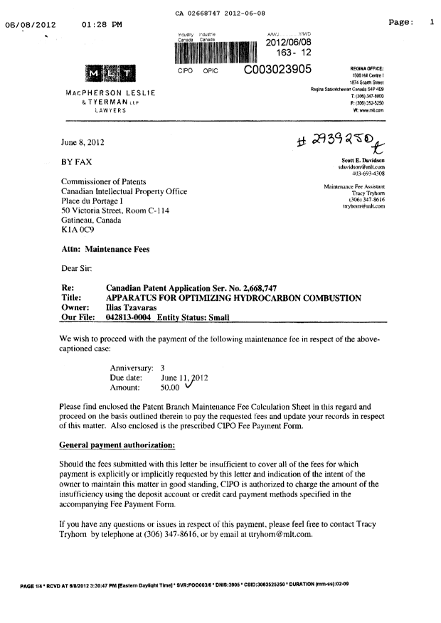 Document de brevet canadien 2668747. Taxes 20111208. Image 1 de 3