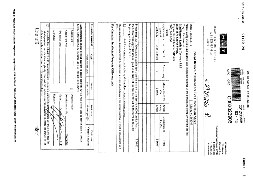 Document de brevet canadien 2668747. Taxes 20111208. Image 3 de 3