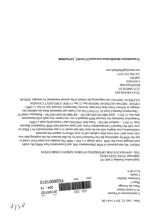 Document de brevet canadien 2668747. Correspondance 20130722. Image 1 de 1