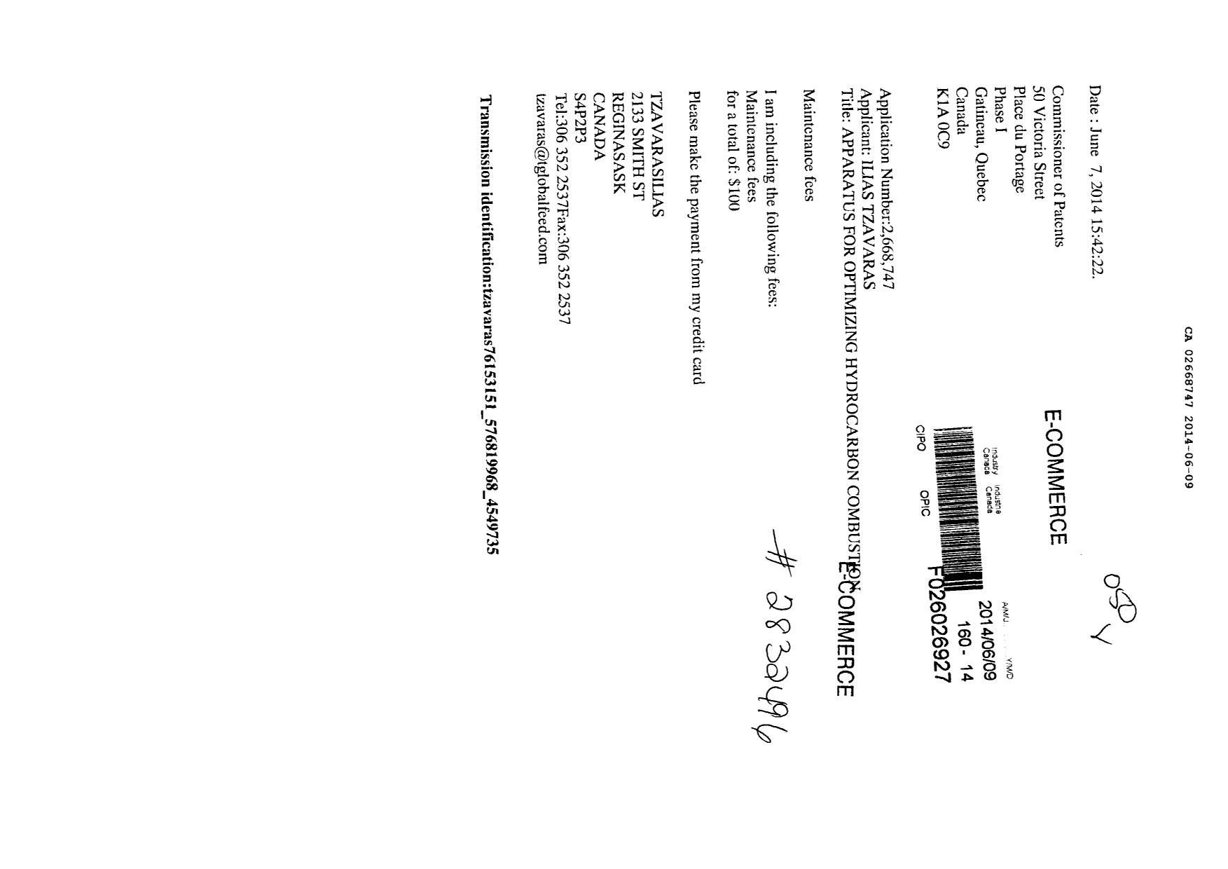 Document de brevet canadien 2668747. Taxes 20131209. Image 1 de 1