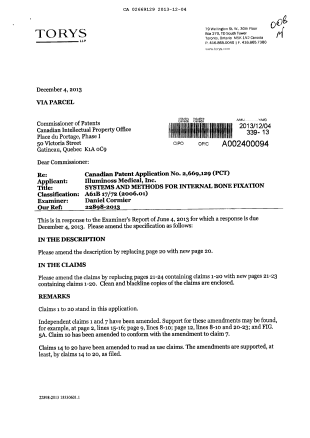 Canadian Patent Document 2669129. Prosecution-Amendment 20131204. Image 1 of 12