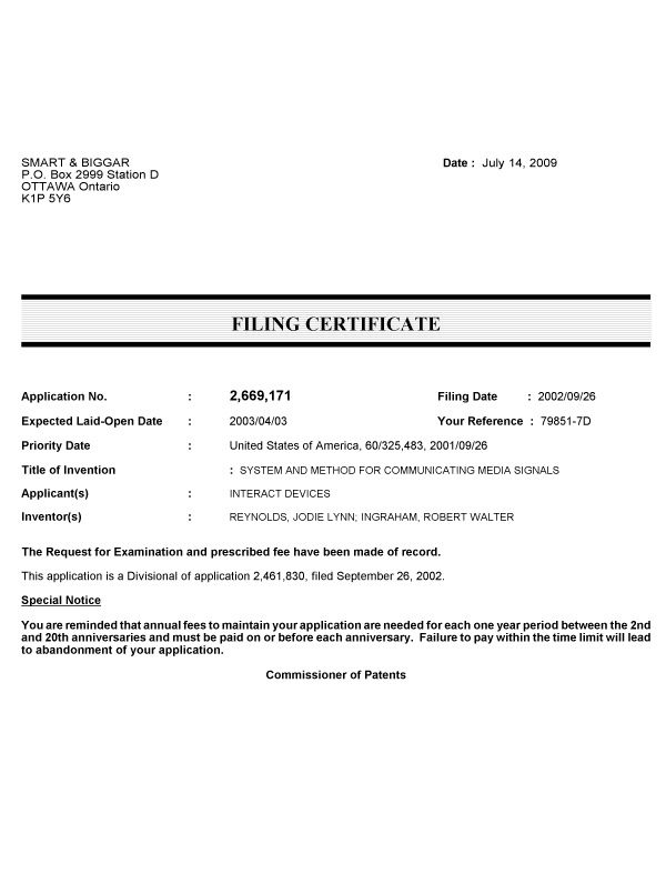 Document de brevet canadien 2669171. Correspondance 20090707. Image 1 de 1