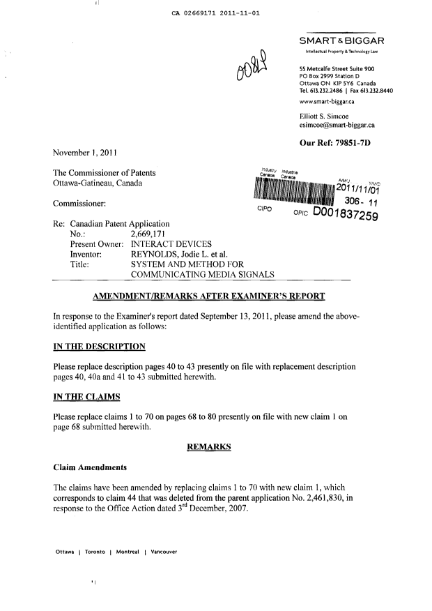 Document de brevet canadien 2669171. Poursuite-Amendment 20111101. Image 1 de 17