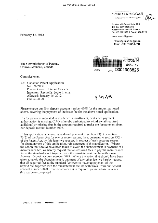 Document de brevet canadien 2669171. Correspondance 20120214. Image 1 de 2