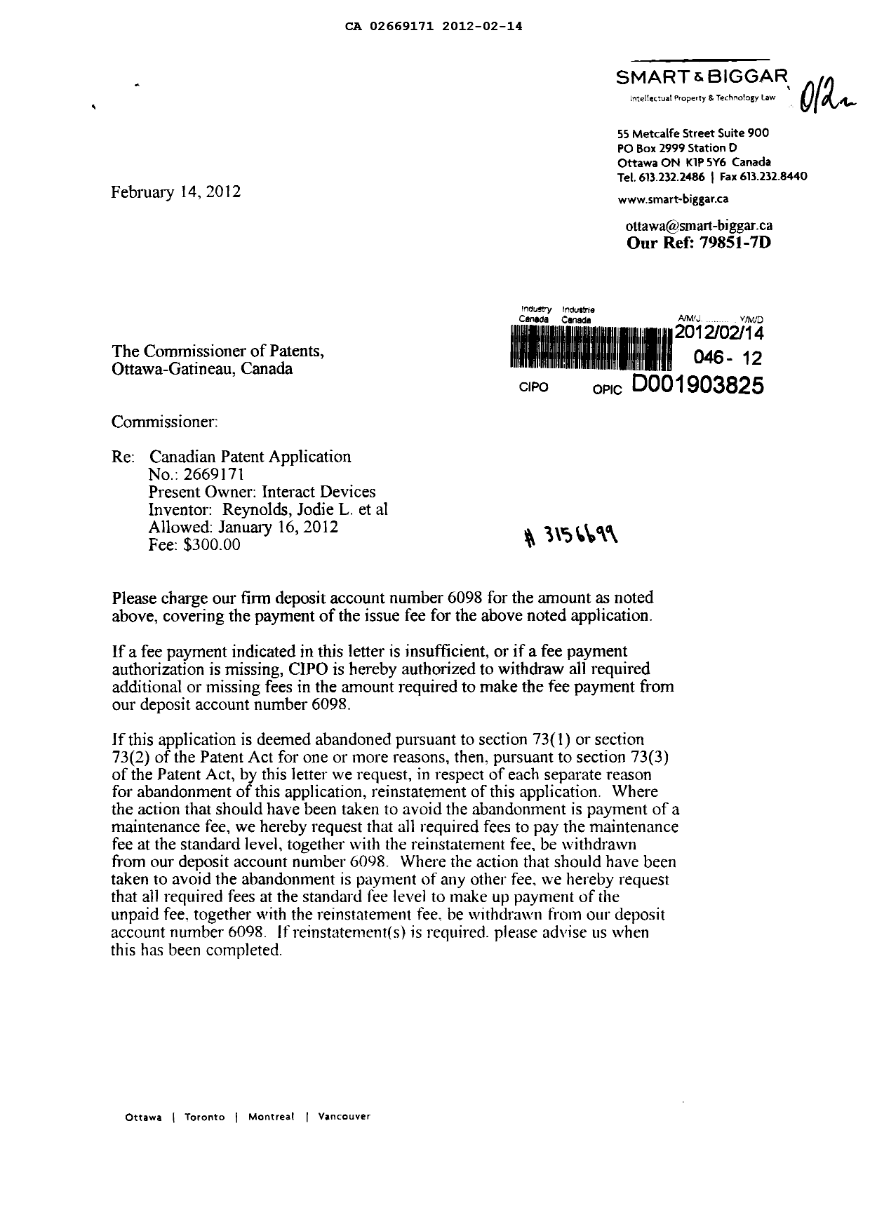 Canadian Patent Document 2669171. Correspondence 20120214. Image 1 of 2