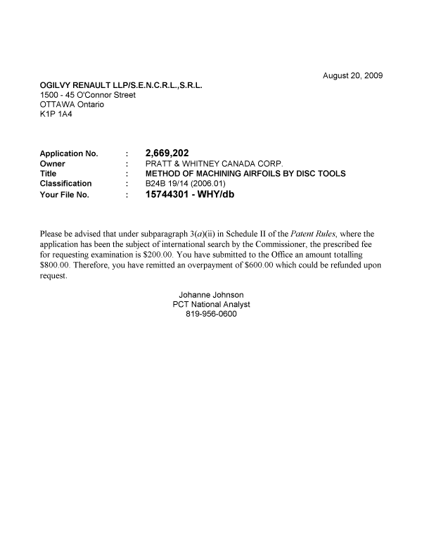 Document de brevet canadien 2669202. Correspondance 20090819. Image 1 de 1