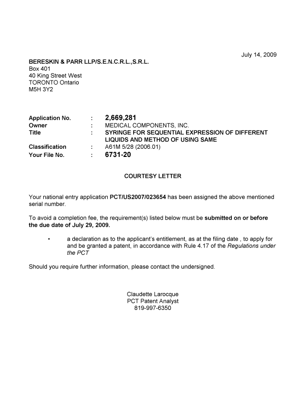 Document de brevet canadien 2669281. Correspondance 20090714. Image 1 de 1